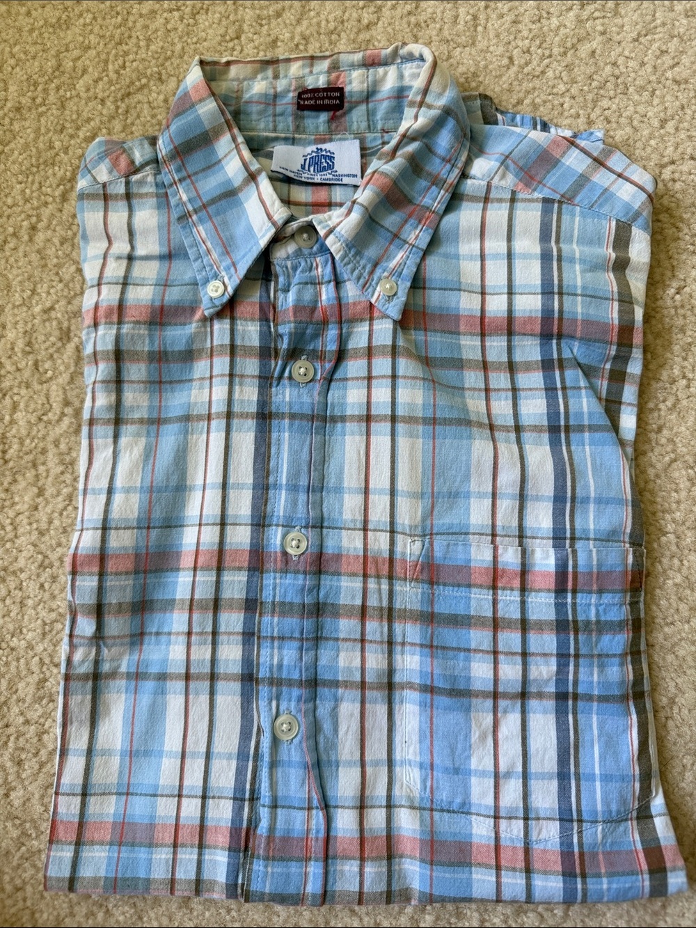 J. Press Light Blue 100% cotton Button-Down Shirt tag is coming off need to sew